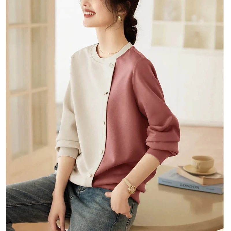 Spring Autumn Contrast Color Crew Neck Button Lantern Long Sleeve Pullover Women\'s Clothing Loose Casual Hoodies All-match Tops