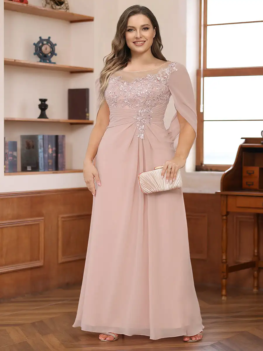 Plus Size Mother of the Bride Dress for Women Lace Applique Pleated Scoop Chiffon Formal Wedding Guest Party Dresses