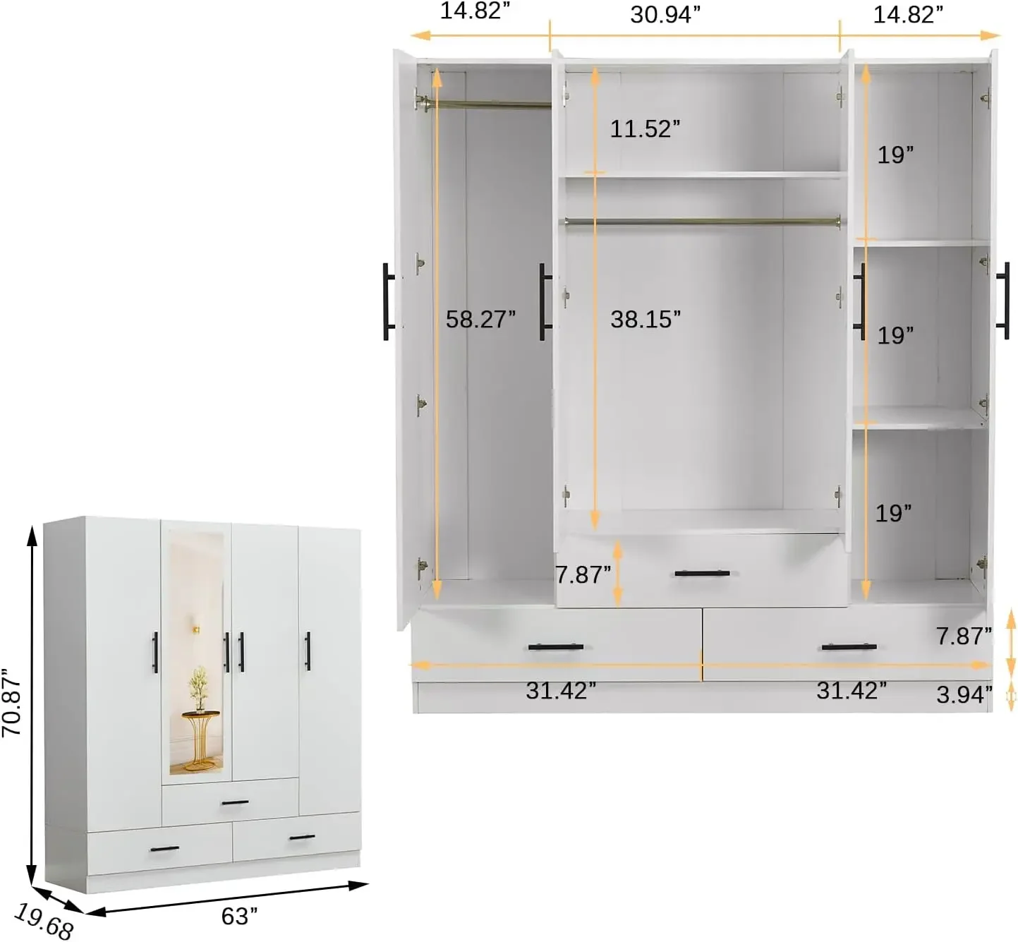 71'' Bedroom Armoire Wardrobe Closet Cabinet Wooden Closet Cabinet for Large Capacity, Tall Wardrobe, Wardrobe with Doors White