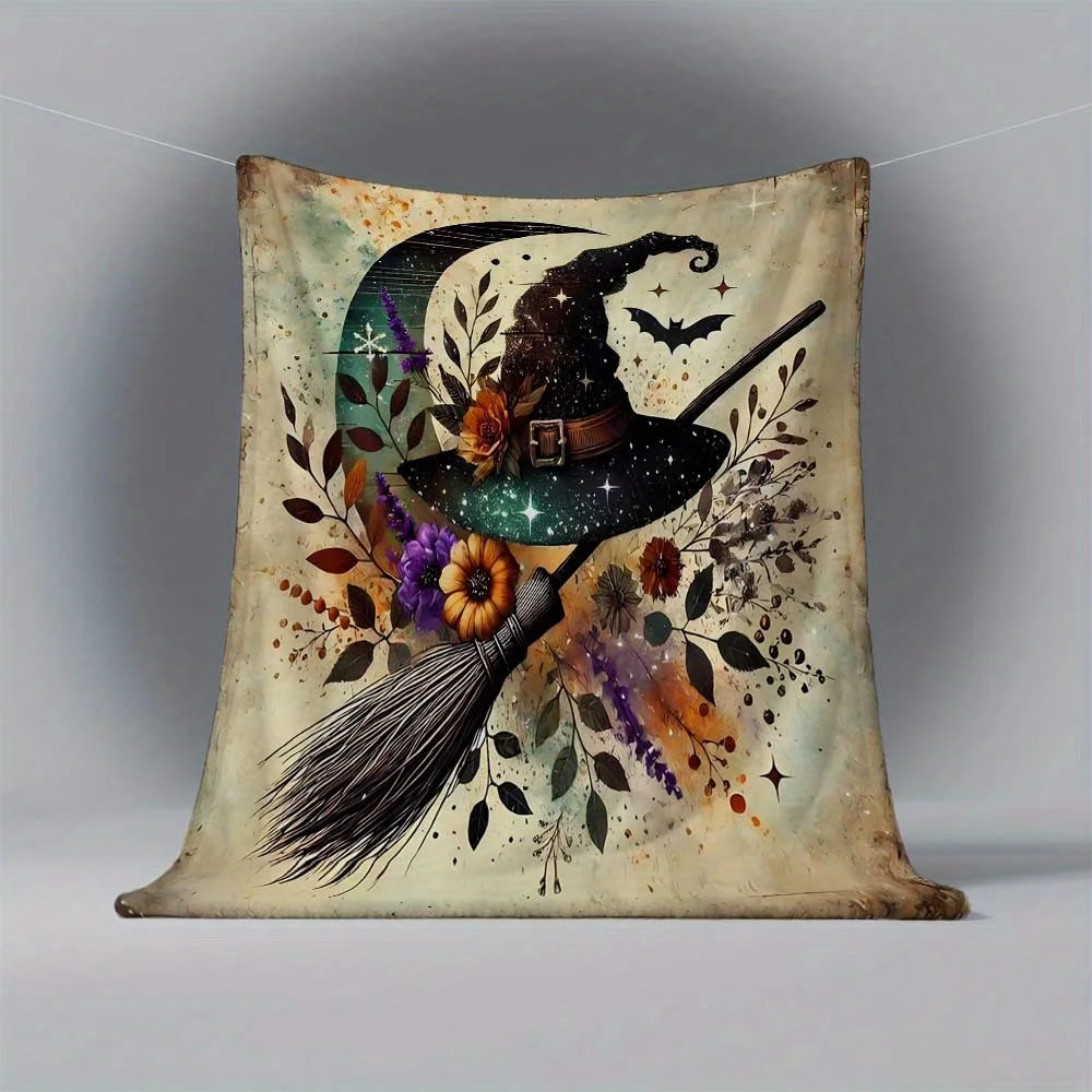 Witch Blanket Magic Moon Bat Broom Soft Warm Cozy Throw for Bed Sofa Living Room Gift