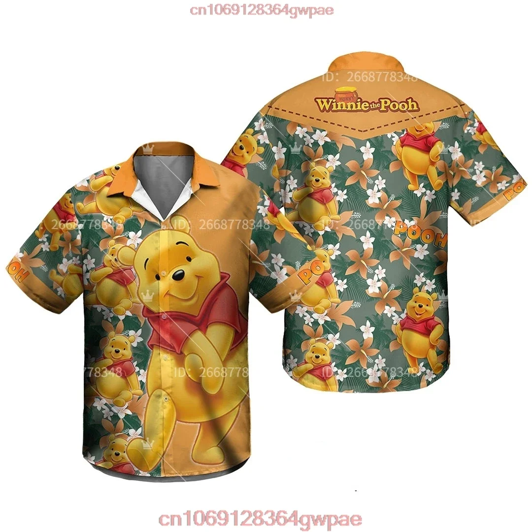 Winnie the Pooh Hawaiian Shirt Short Sleeve Cartoon Disney Hawaiian Shirt Casual Beach Short Sleeve Shirt Retro Button Shirt