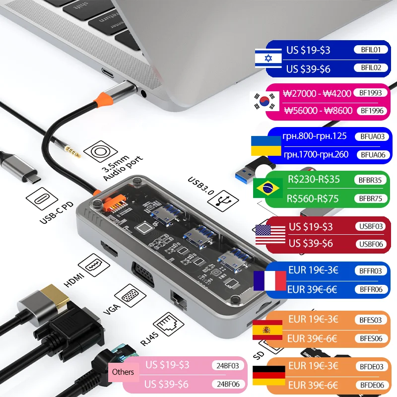 Basix 10-in-1 USB C HUB 4K30Hz Dock Station Typ C zu HDMI-kompatibel RJ45 Ethernet PD100W für MacBook iPad Huawei Sumsang Telefon