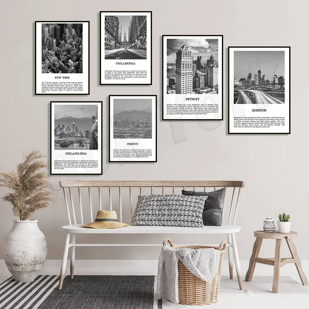 Los Angeles, Oklahoma, Philadelphia, Chicago, Detroit, Houston, New York, San Diego, PHOENIX black and white travel city poster