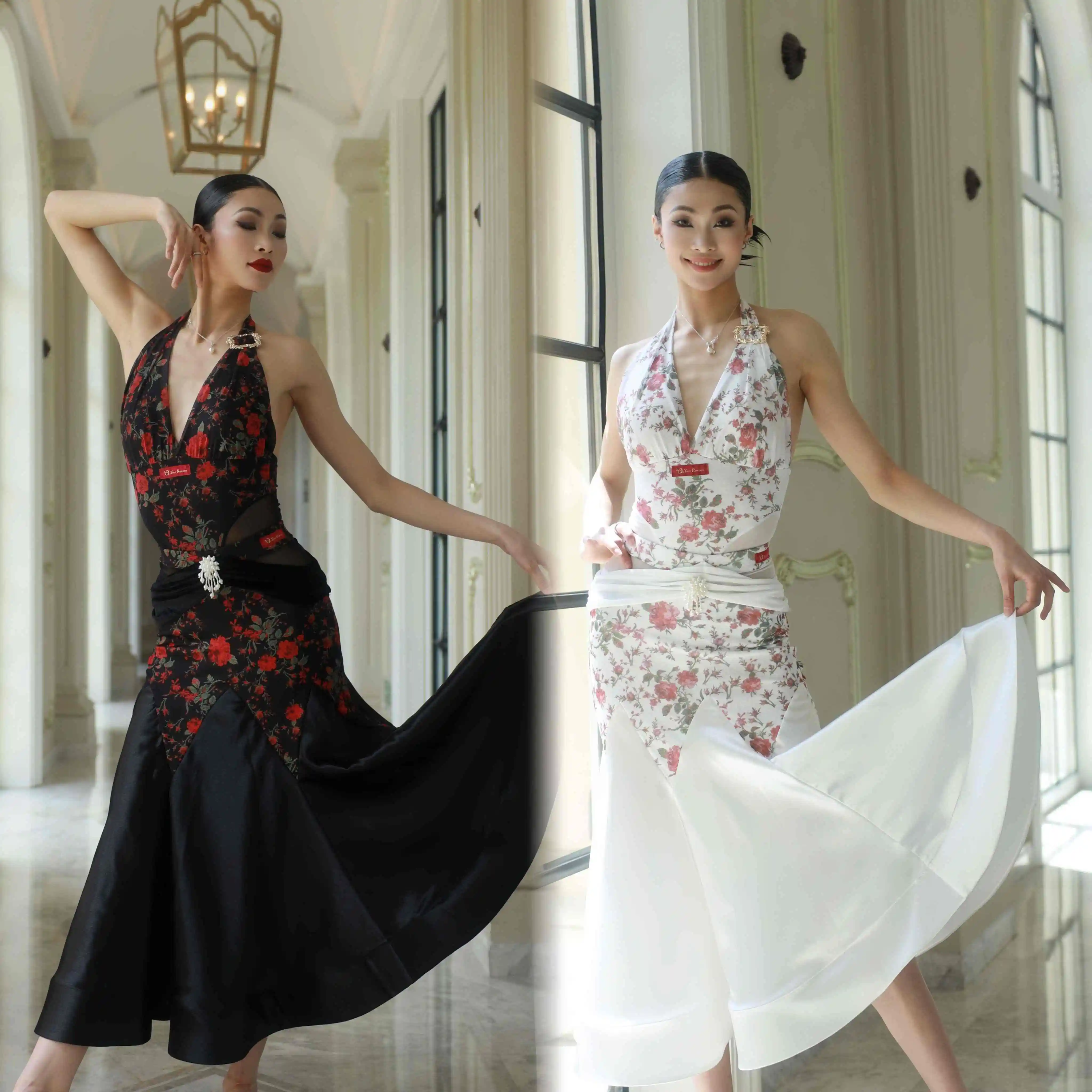 

2025 Flower Print Ballroom Dance Clothes Halter Neck Tops Skirt Practice Clothing Adult Waltz Costume Competition Dress DNV23320
