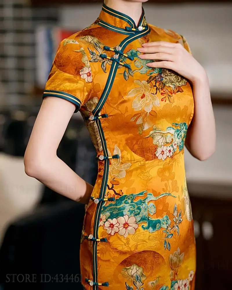 中国風のドレス伝統的なクラシックなマンダリンカラーチャイナドレス大きいサイズプリントフラワー女性ロング袍セクシーなスリム Vestidos