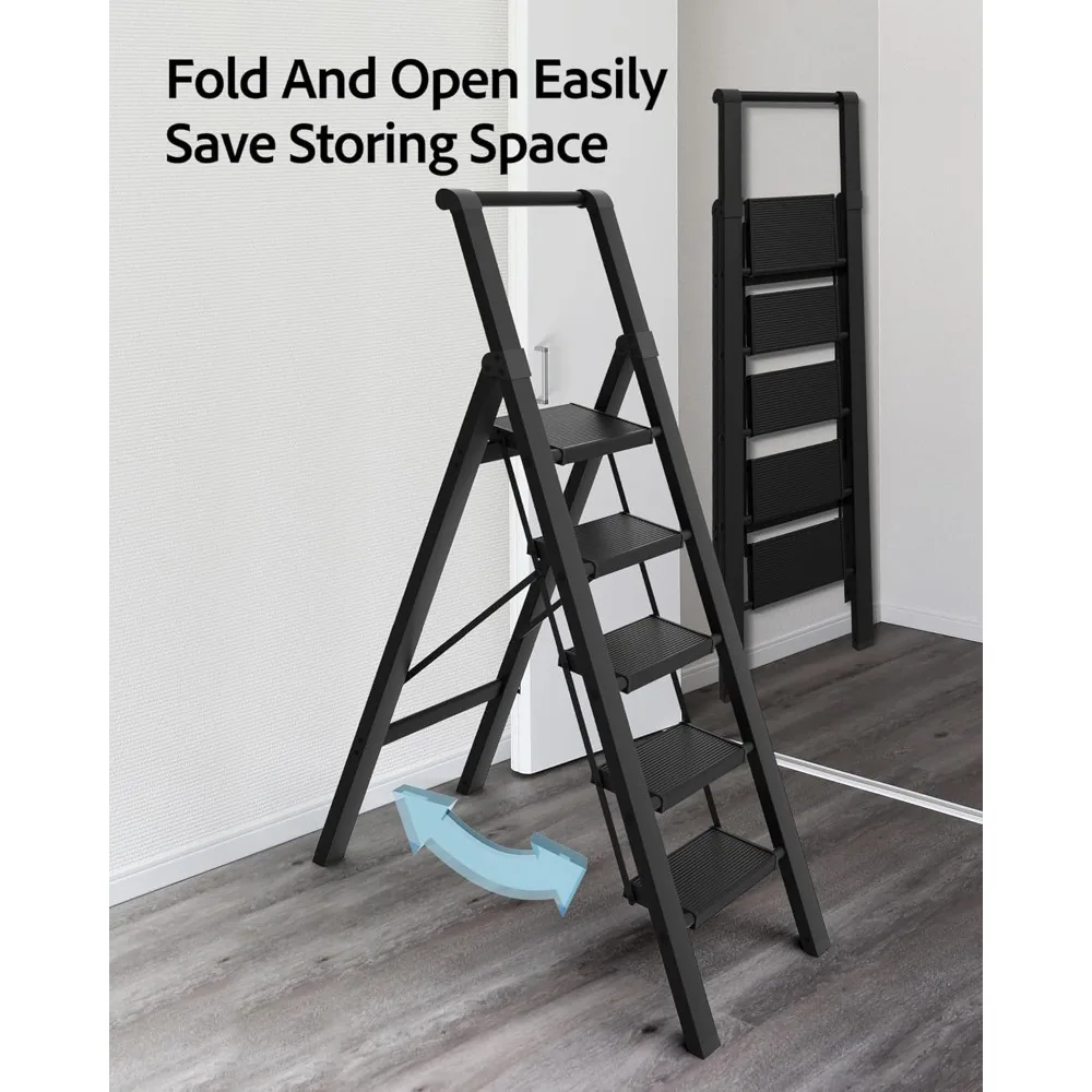 مقعد ألومنيوم قابل للطي بسعة تحميل 330 رطل، سلم خفيف الوزن بخمسة خطوات للاستخدام المنزلي والمكتبي