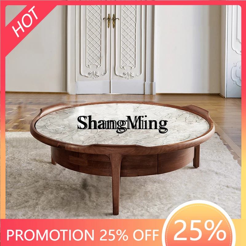 

CL Modern Natural Marble Coffee Table Light Luxury Villa Solid Wood Storage Round Tea Table