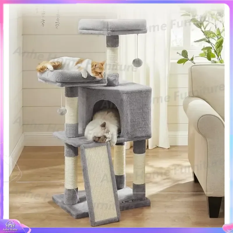 Grey Cat Tree with Cabin Plush Perch Hanging Ball Space Saving Sturdy Indoor Cat Tower for Small Apartments Cats Furniture