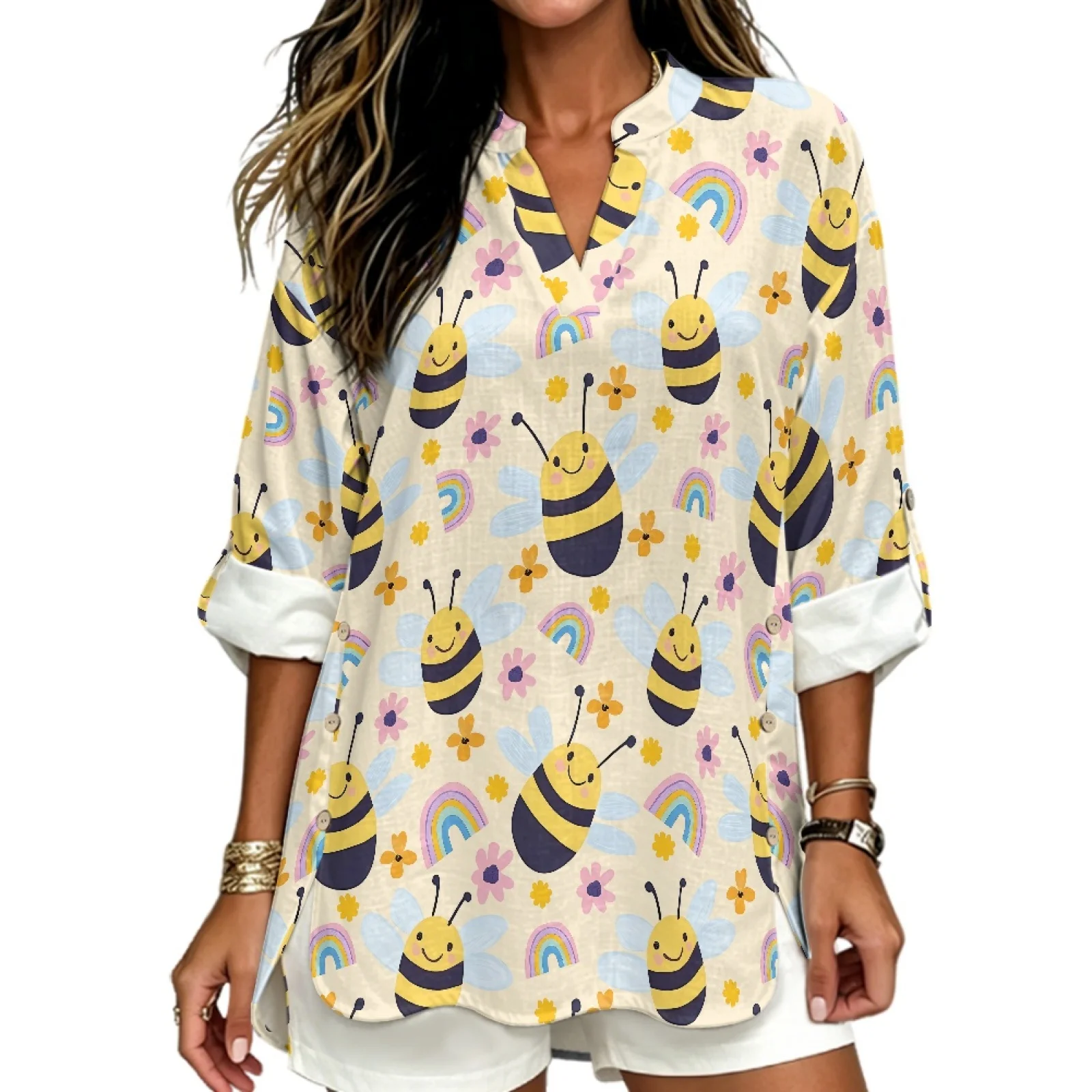 PENSTROLL Bee Garde Linen Like Women's Blouse Long Sleeve Tops for Ladies Rolled Cuff Sleeve Design Tunic Top