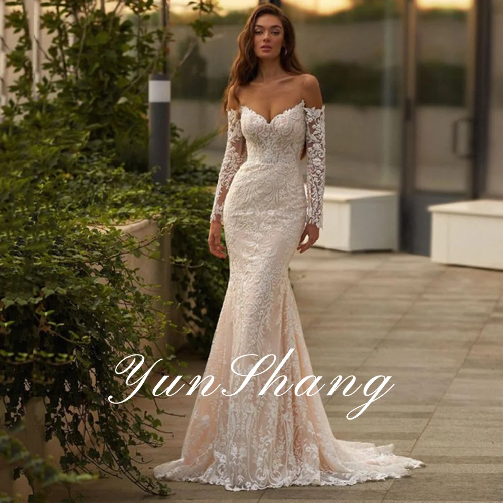 Yunshang Sexy V-Hals Trouwjurk Lange Mouw Kant Appliques Strand Zeemeermin Bruid Jurk Rugloze Tule Sweep Trein Robe De Mariée