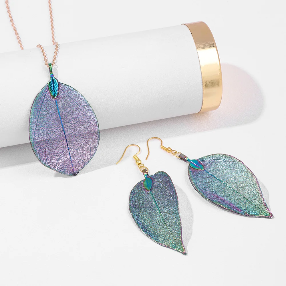 Women's Electroplated Gold Leaves Necklace & Drop Earrings Set