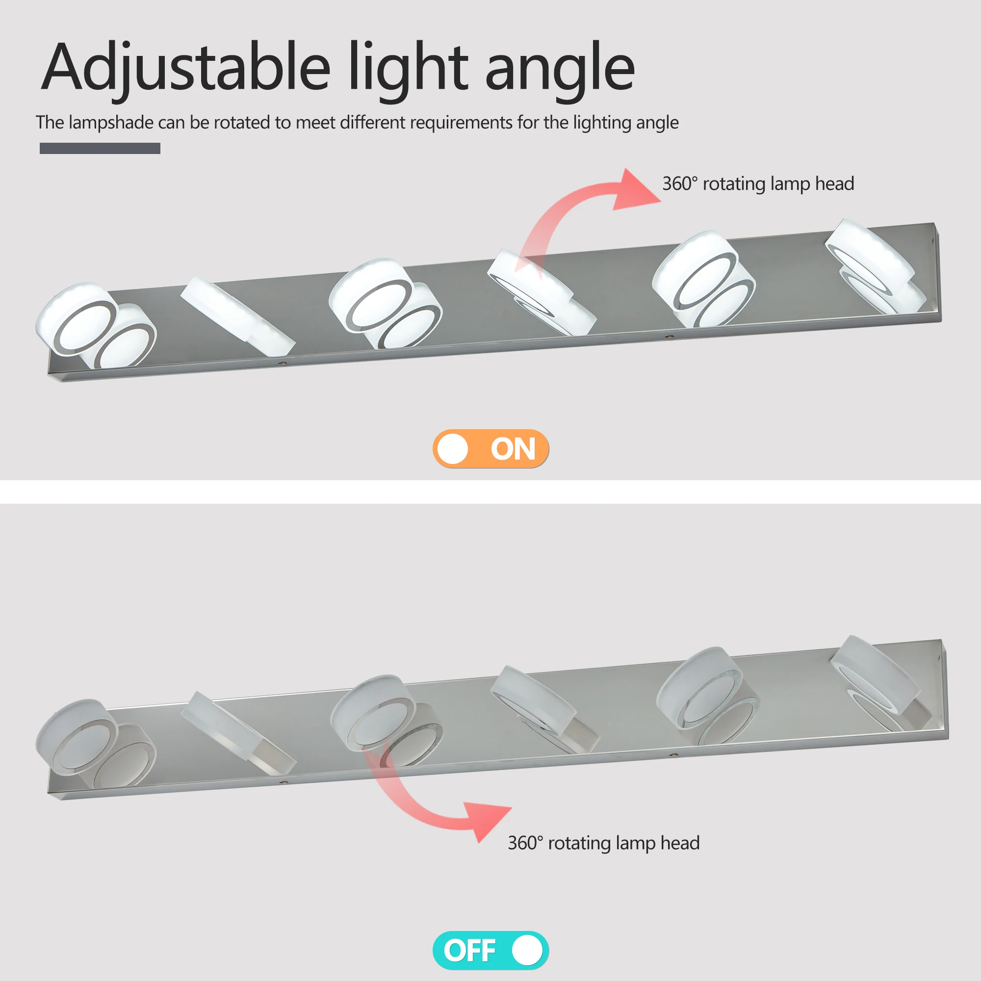 6-Light Bathroom Vanity Light Over Mirror Matte Chrome LED Vanity Lighting Fixtures 360°Rotating Lamp