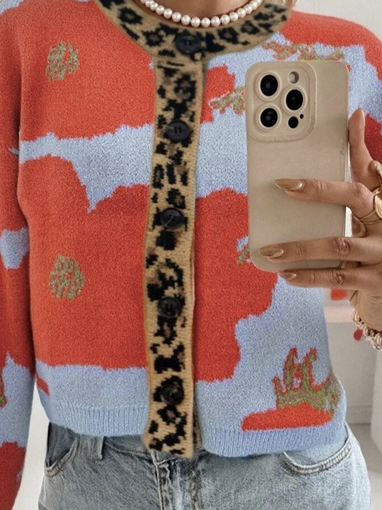 

Leopard Print Patchwork Loose Fit Sweater Winter Single Breasted Design Office Sweater Casual Women O-neck Long Sleeved Cardigan