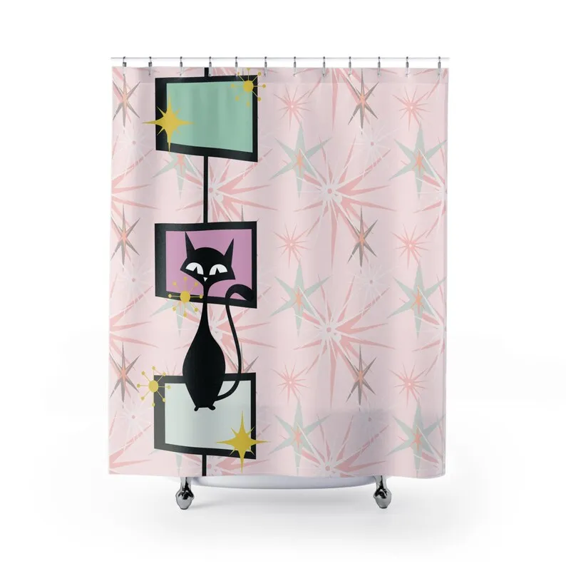 Atomic Cat Mid Century Modern Shower Curtain, Retro Starburst Bathroom Decor, MCM Atomic Age Bath