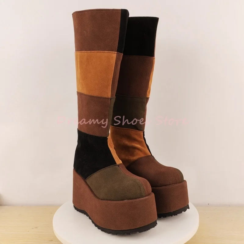

Retro Brown Patchwork Platform Knee High Boots Women Suede Back Zipper Round Toe Long Boots Fashion Trendy Autumn Winter Shoes