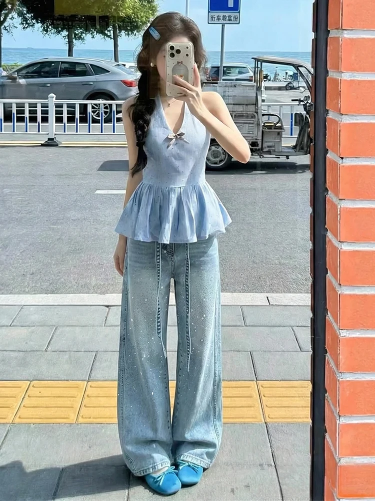 

Джинсы Tianxing с широкими штанинами и стразами, женские свободные прямые брюки в пол, новинка весны, с пуговицами на талии