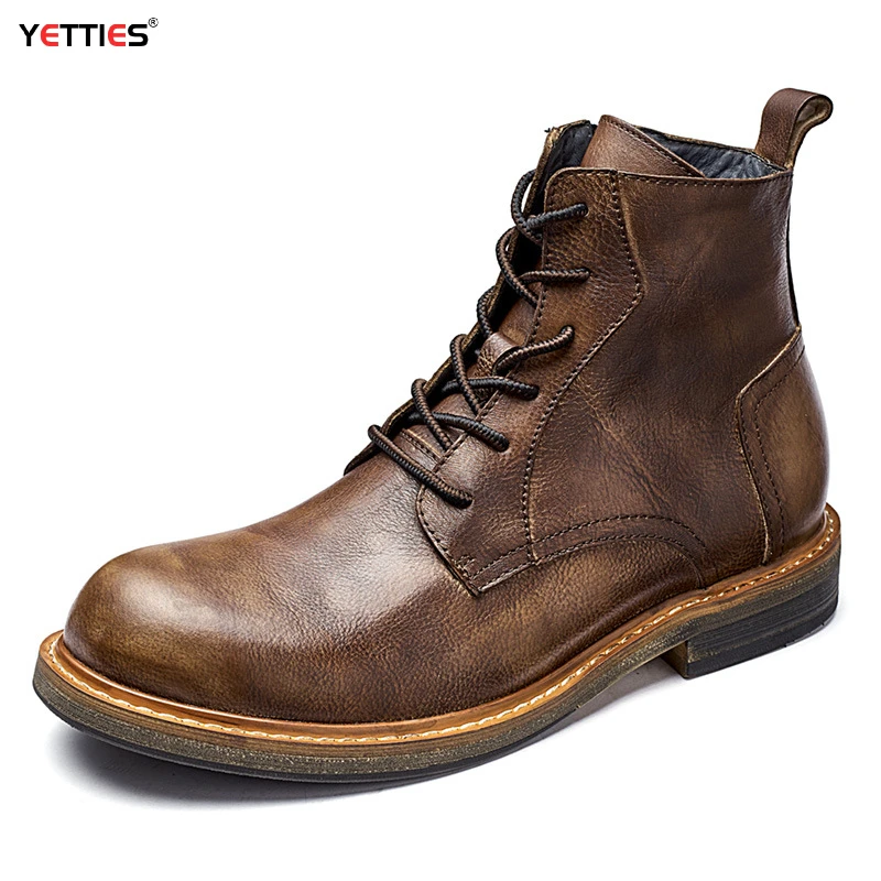 Men's Genuine Leather High Top Boots Vintage Handcrafted Work Boots Non-Slip Durable Casual Retro Ankle Shoes Trendy Streetwear