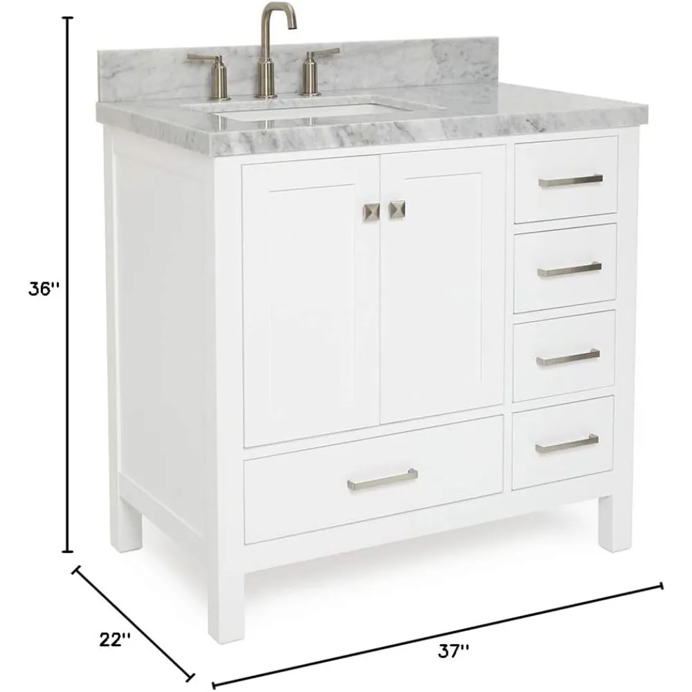 Solid Wood Vanity Cabinet, Carrara Marble Top 1.5-Inch Edge, Left Rectangular Undermount Sink, 2 Soft Closing Doors, 5 Drawers