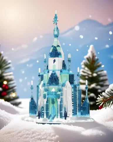ice castle bricks, frozen princess castle model, transparent crystal micro blocks, fairy tale castle toy