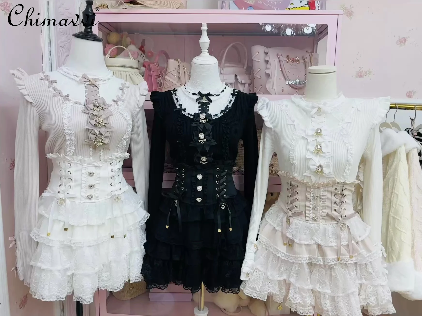 

2026 Spring Autumn New Japanese Liz Cute Bow Lace Patchwork Knitted Sweater Sweet Girl Long Sleeve Elegant Princess Knit Top