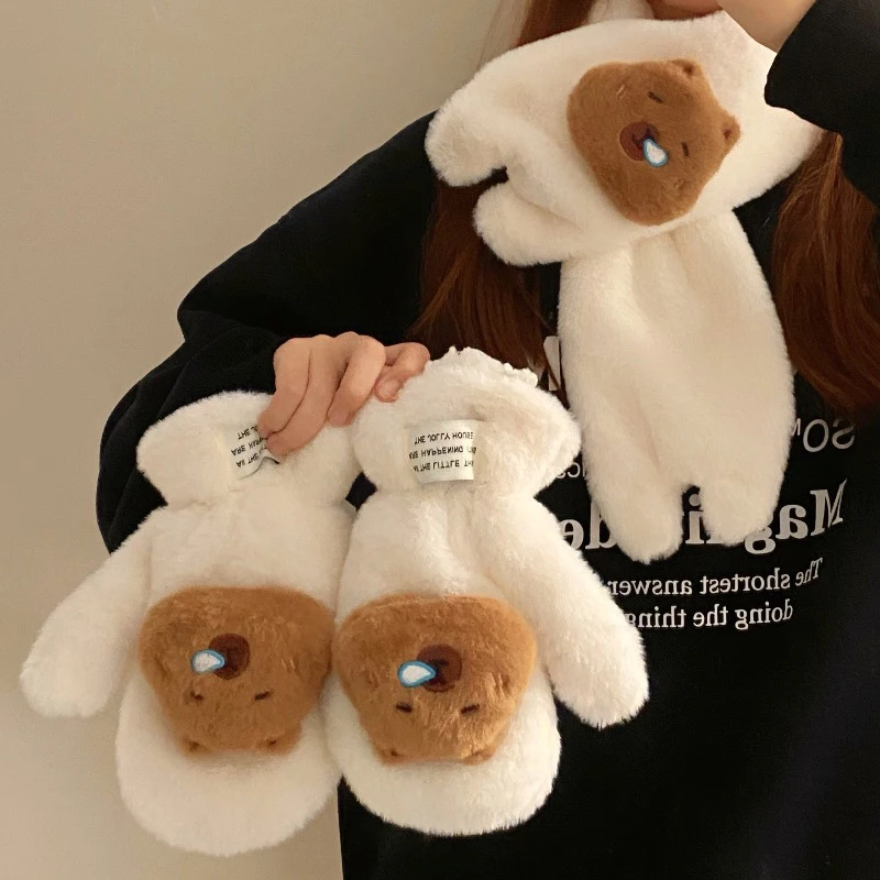 New Cute Plush Capybara Gloves Double Layer Warm Hanging Neck Mittens Scarf Cold-proof Warm Lanyard Kawaii Winter Cycling Glove