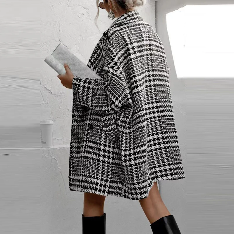 Herbst Winter Plaid Gedruckt Lose Jacke Frauen drehen-unten Kragen Lange Ärmeln Woolen Mantel Elegante Büro Tasche Taste Oberbekleidung