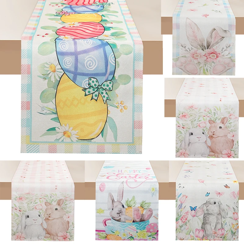 

Easter Linen Table Runner Cute Bunny Eggs Dining Table Cloth 2025 Spring Holiday Happy Easter Decor For Home Party Supplies Gift