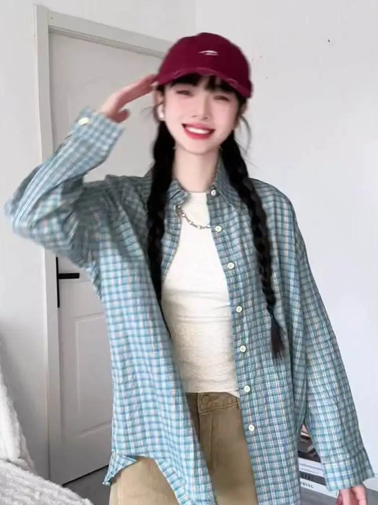 

Loose Long Sleeve Plaid Shirt Women's Layering Style Korean Fashion Spring Summer UV Protection Regular Fit Button up Coat
