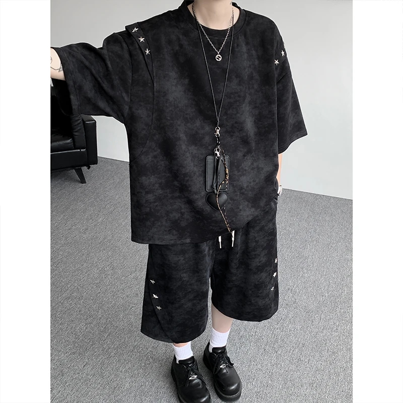 Men's plus Size 5XL High Street Tie-Dye 2-Piece Set Oversized Short Sleeve T-Shirt And Elastic Waist Shorts Summer Streetwear