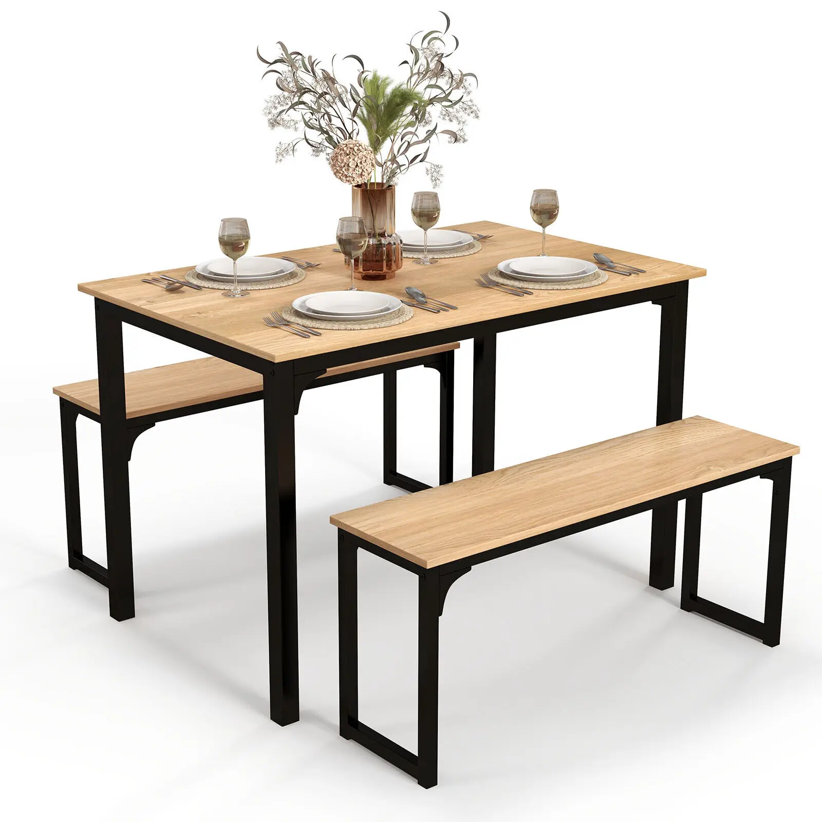 GOFLAME 3-Piece Dining Table Set Industrial Breakfast Kitchen Table Set with 2 Benches