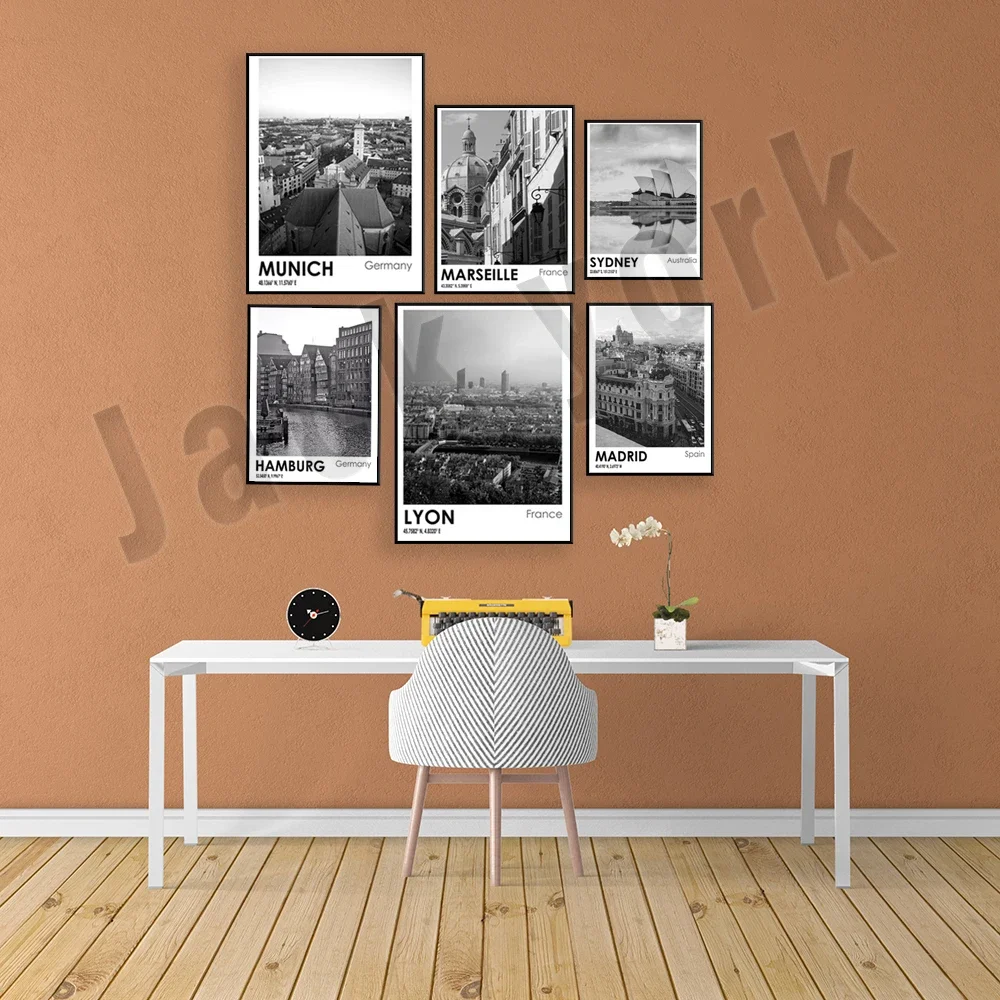 فالنسيا، برشلونة، سيدني، مرسيليا، ليون، مدريد، لوس أنجلوس، ميونيخ، هامبورغ ملصق سفر للصور أبيض وأسود #3