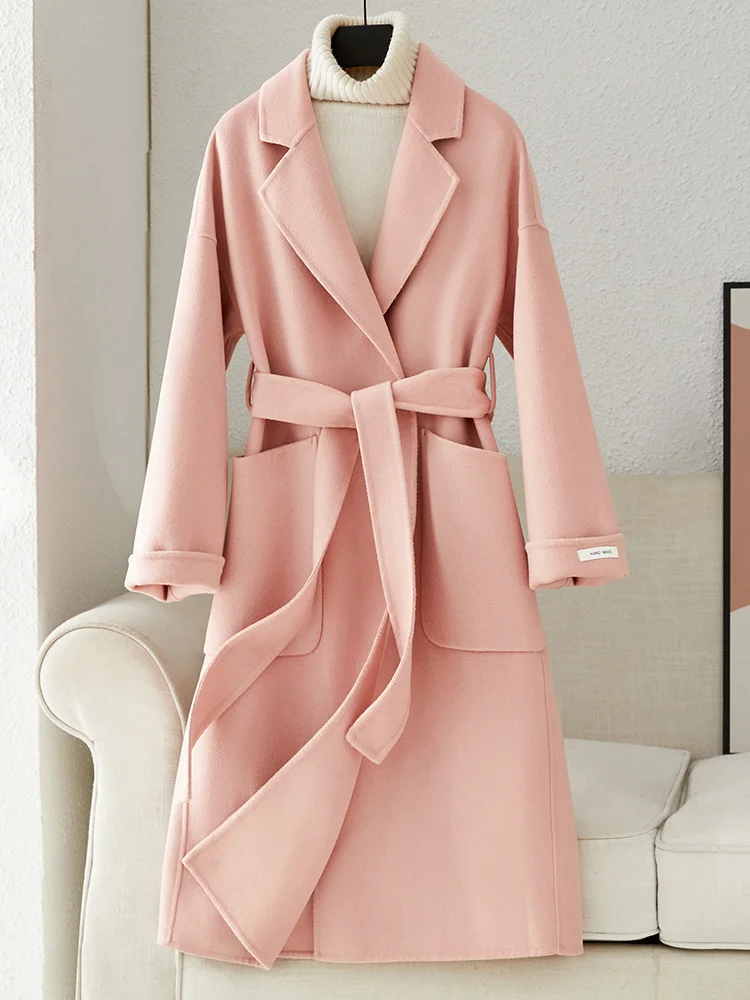 

2023 Autumn/winter New Pink Double Sided Cashmere Coat Women's High End 100 Pure Wool Mid Length Wool Coat