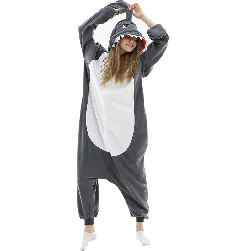 Gorąca Rekinowa Piżama Kreskówkowa Jednoczęściowa Pijama Damska Męska Kombinezon Onesie Dla Dorosłych Polarowa Para Szop Kigurumi