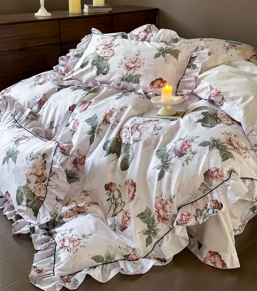 Romantic fairyfair ruffle flower rose bedding set,full queen king rustic cotton home textile bed sheet pillow case quilt cover