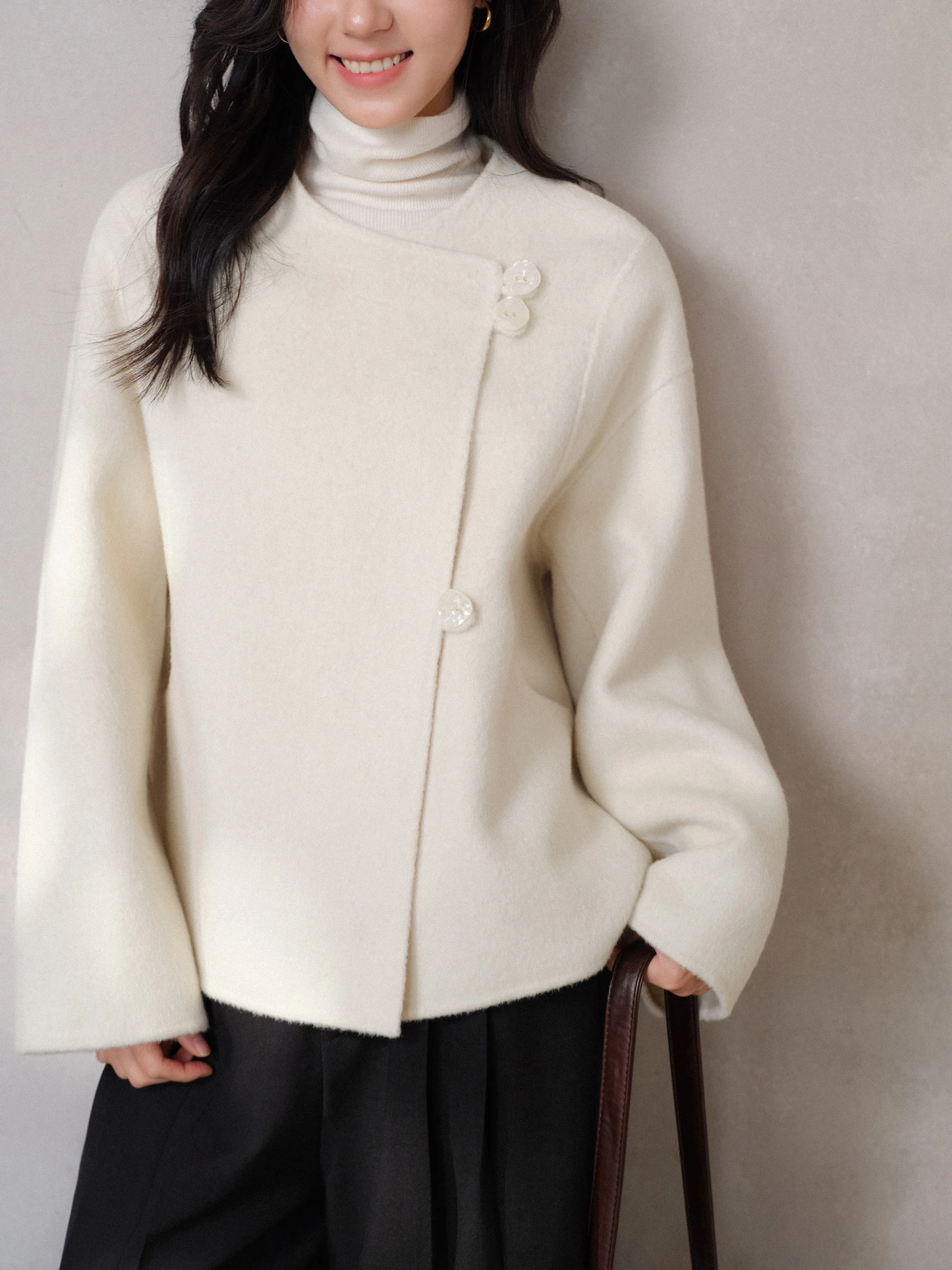 معطف قصير من الصوف الأنيق للنساء شتاء دافئ مزدوج الوجه سترة فضفاضة غير رسمية ملابس خارجية صوفية مستقيمة لمظهر أنيق وشبابي