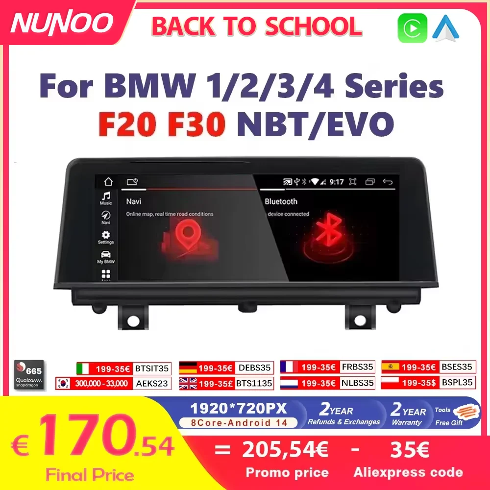 Wireless Carplay Android 14 Per BMW F20 F30 F21 F22 F31 F32 F33 F34 F36 NBT EVO Lettore Multimediale Auto Radio schermo GPS