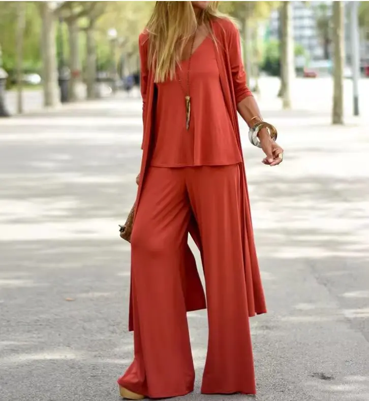 Set casual in tinta unita allentato Moda autunno Nuovo cardigan esteso con scollo a V Gilet con bretelle Pantaloni a gamba larga in vita elastica Set da 3 pezzi