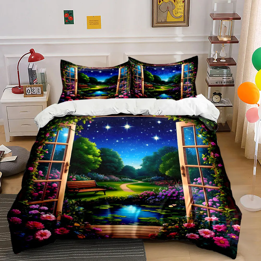 Garden view through window. Print Bedding Set 1 Duvet Cover 2 Pillowcases for Adult and Children Luxury Gift Full Size