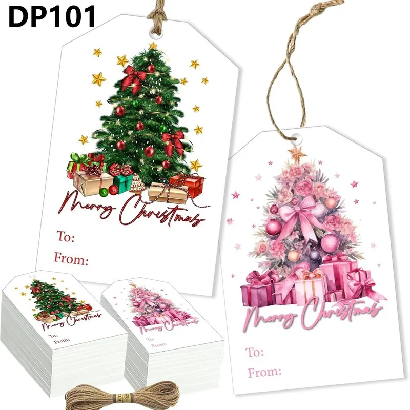 50pcs Christmas gift tags with string,Christmas Tree Christmas Holiday Hanging Tags Watercolor Plant Wishing Tags