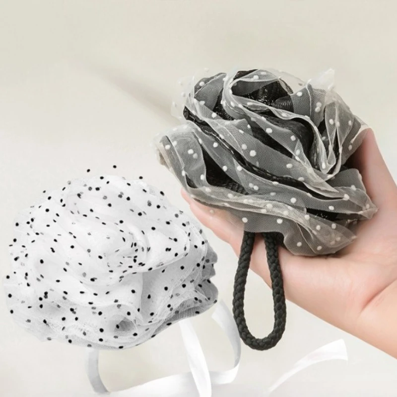 

Черно-белая мочалка-цветок в горошек для ванной, мягкая, не рассыпающаяся, для мытья спины, для пенной ванны