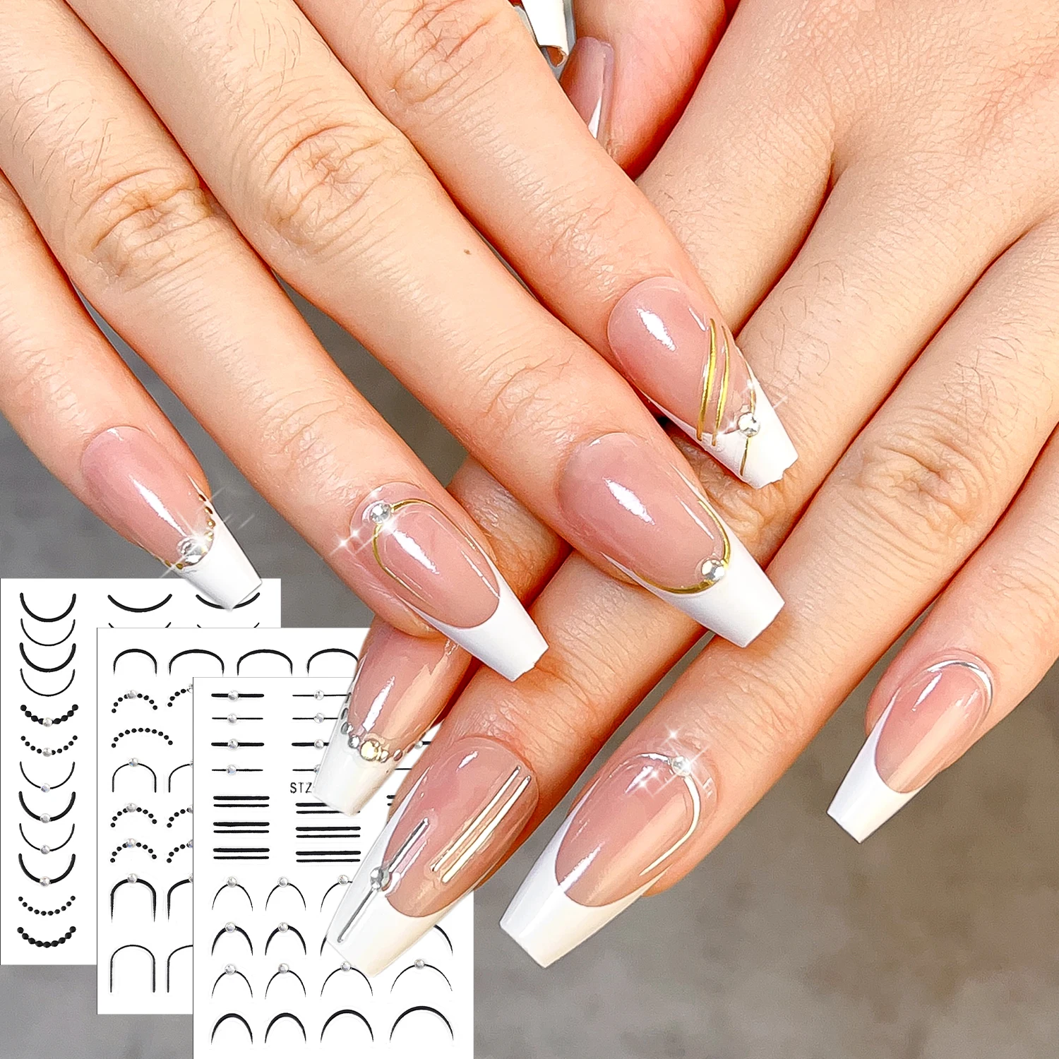 3pcs/set 5D Rhinestones Gold Silver French Tips Nail Stickers Retro Wave Simple Line Design Adhesive Slider Nail Art DIY Decals