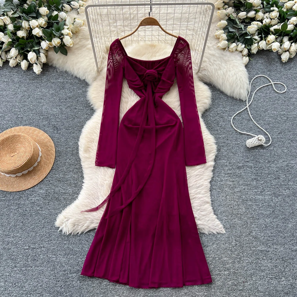 Chique vintage floral quadrado pescoço vestido elegante fada coreano moda outono festa roupas femininas