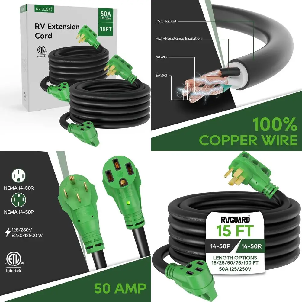 

Удлинитель RV/EV на 50 А, 15 футов, сверхмощный удлинитель NEMA 14-50P/R со светодиодным индикатором питания и органайзером для шнура, зеленый,