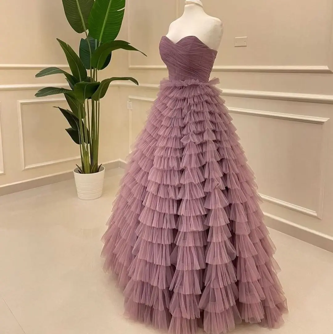 Sapmae Scalloped Neckline Floor-length Lace Up Ball Gown Tull Purple Elegant Prom Formal Evenning Party Dress For Women