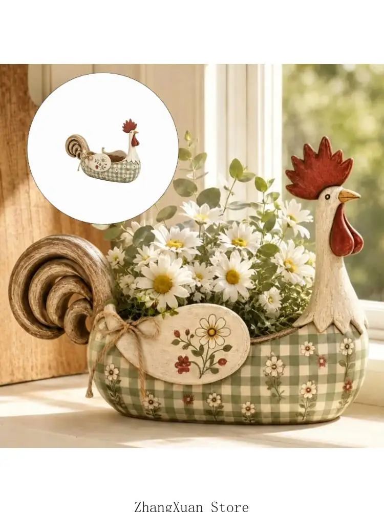 Decorative Rooster Tableware Holder with Checkered Body and Flower Motifs 3XUF