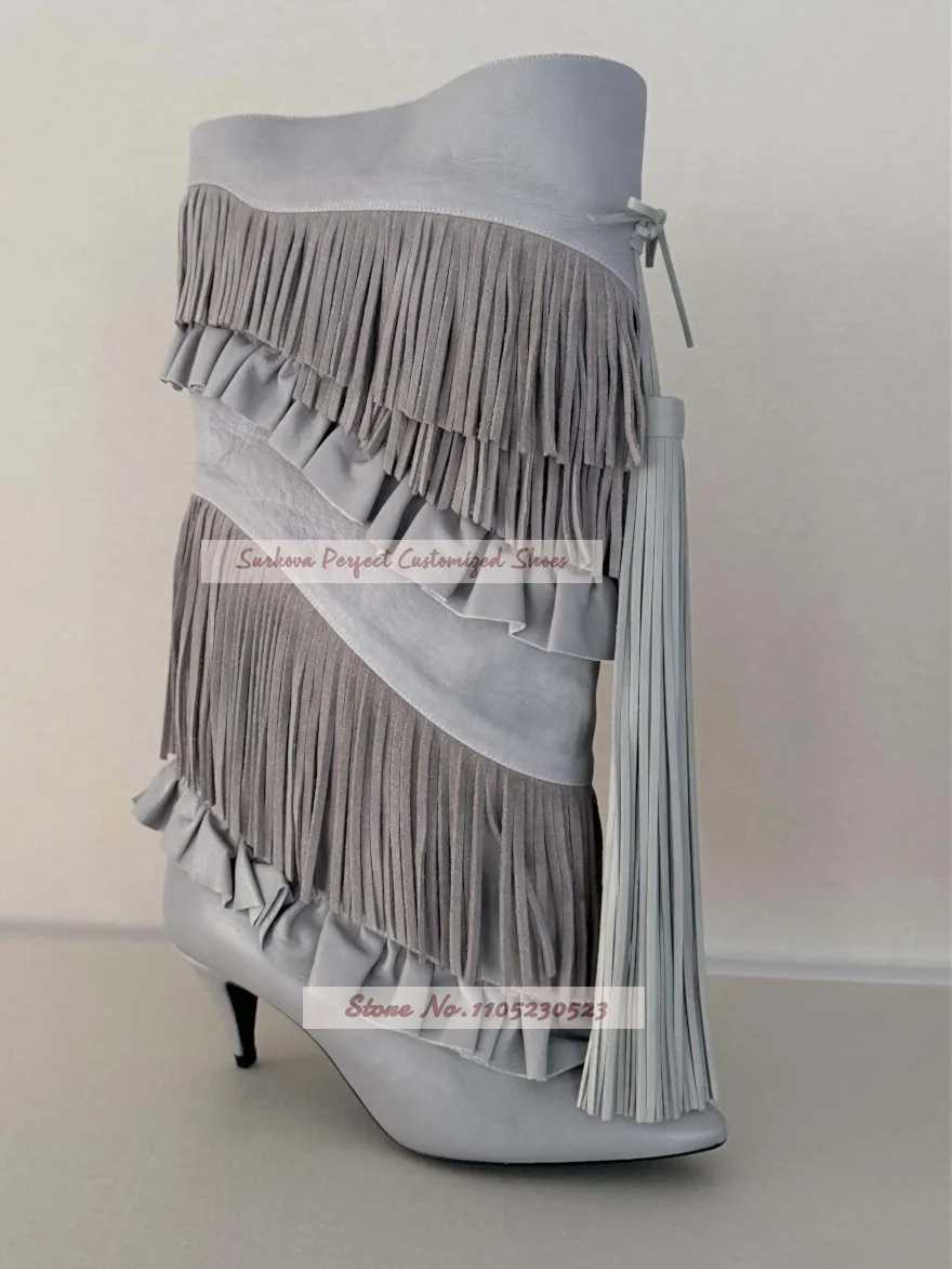 Grey Fringe Ruffled Knee High Boots Western Cowgirl Tassel Spike Heel Boots Pointed Toe Party Stage Fashion Boots