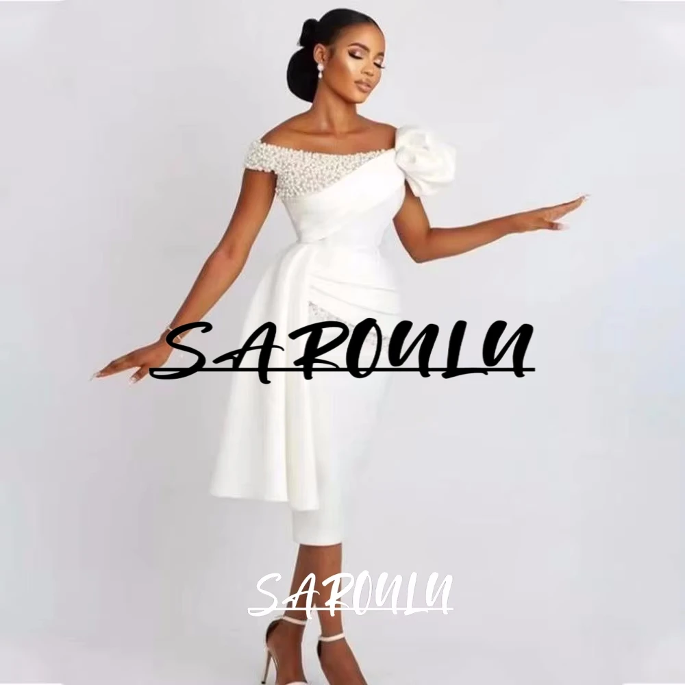

Pearls Short Bride Dress for Women Off-the-Shoulder Satin Wedding Dresses Cusotmized Tea-Length Bridal Gown 2026 Charming
