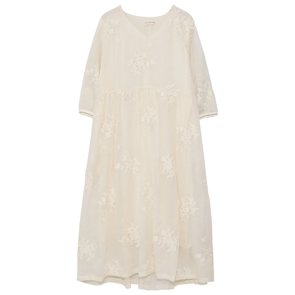 LZJN Vestido de ramie de camada dupla de cintura alta com mangas de comprimento médio, decote em V, vestido longo elegante bordado estilo francês emagrecedor