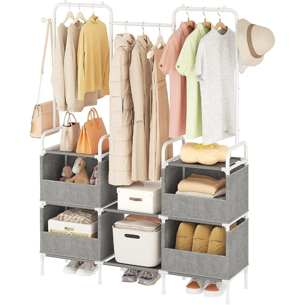 

Clothes Rack,3 Rods Portable Clothing Hanging Garment Rack,Coat and Shoe Rack with 4 Storage Shelves and 4 Storage Pockets,for