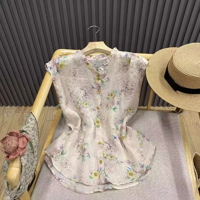 

Ele Хлопково-льняной Svel irt Женский модный круглый принт Ne Vintage Sle для поездок на работу Sle Летний сезон irt